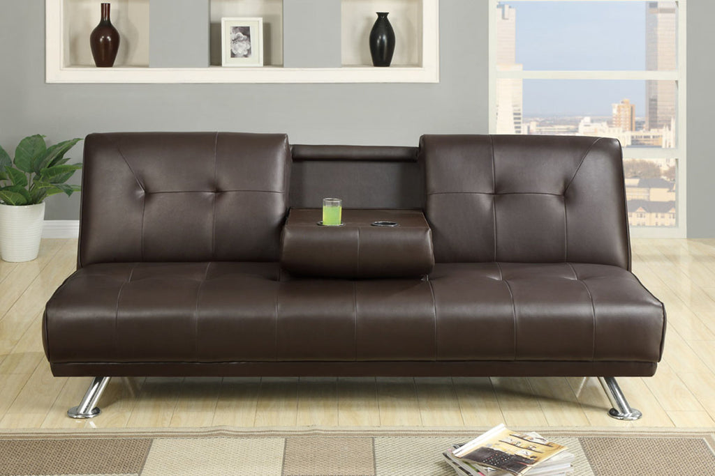 Espresso Faux Leather Sofa Bed  with Cup Holders