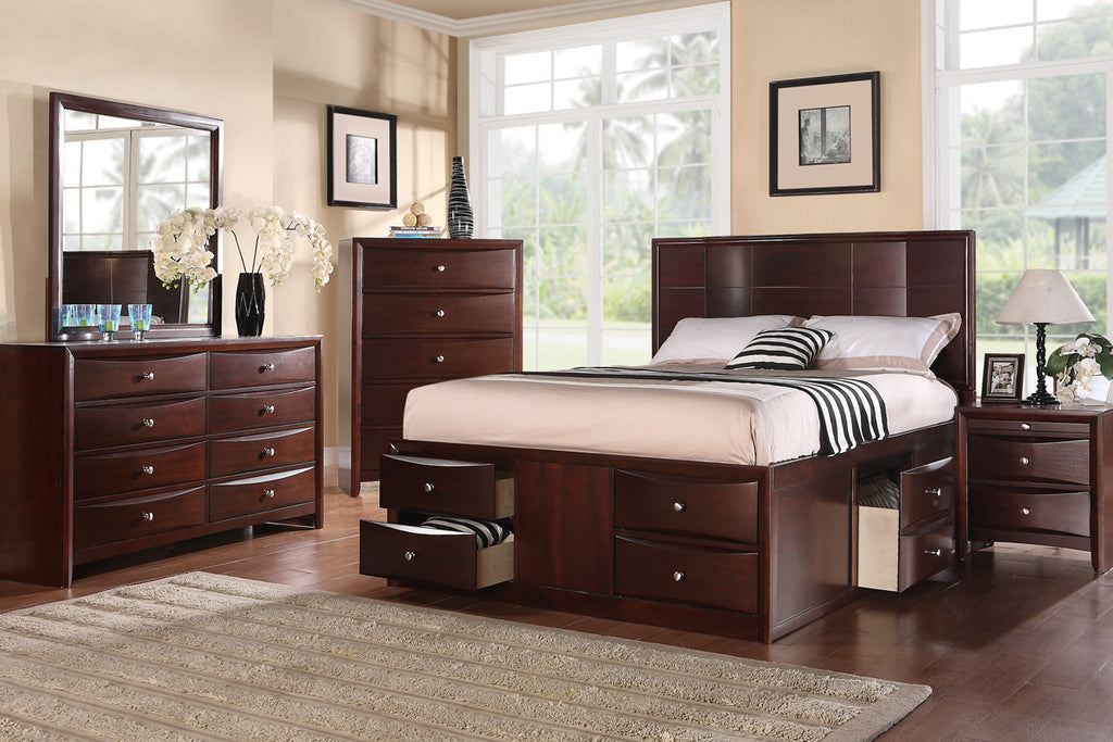 Queen Espresso Finish Solid Wood Platform Bed Frame with Under bed Drawers