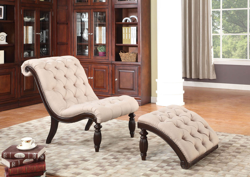 2 Piece Beige Chair and Ottoman with Cherry Wood Finish