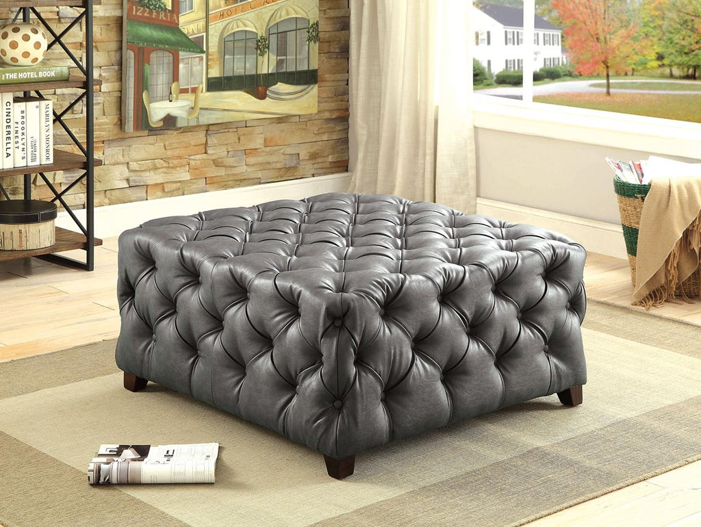 Gray and White Tufted Bonded Leather Square Ottoman