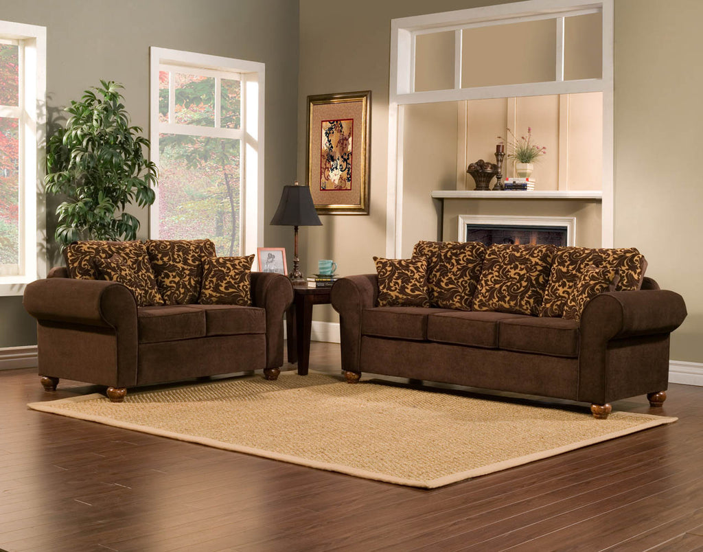 2 Piece Brown Sofa Set with Flowery Gold Pattern