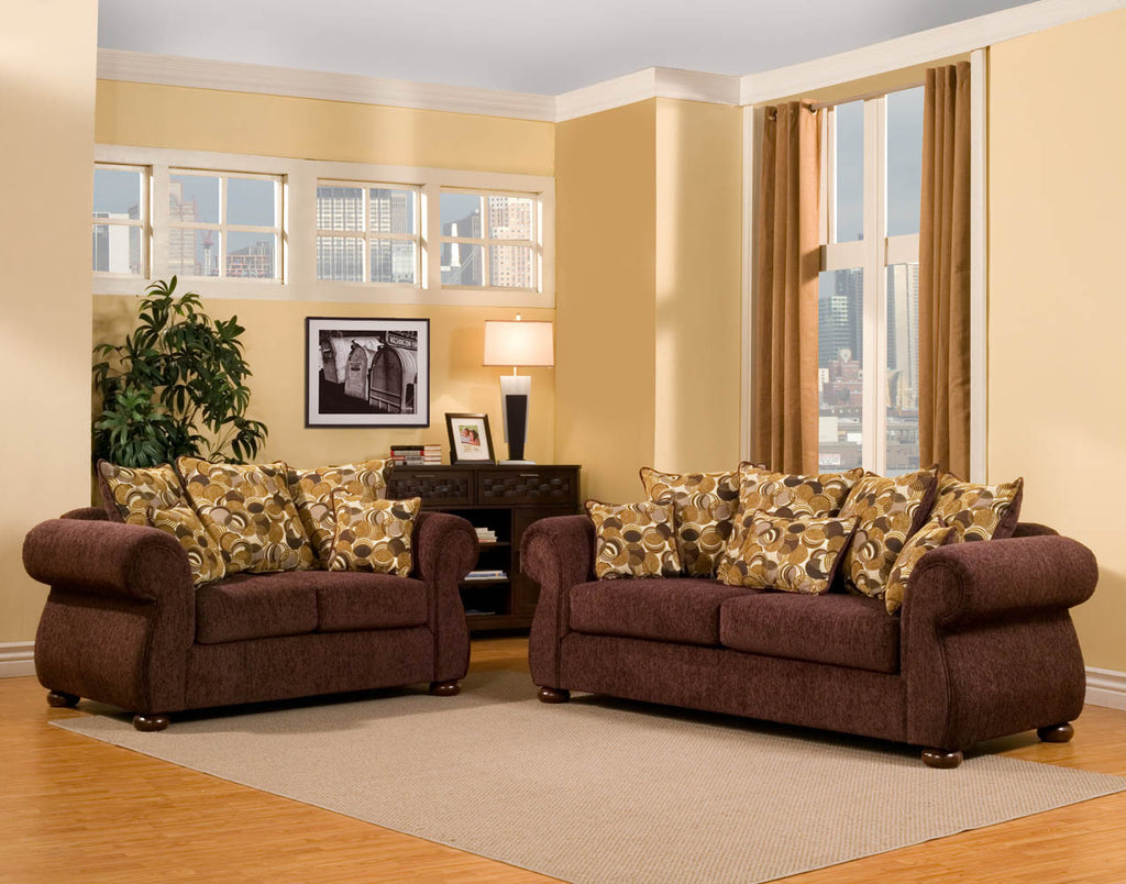 2 Piece Solid Brown Sofas with Golden Circles Pattern